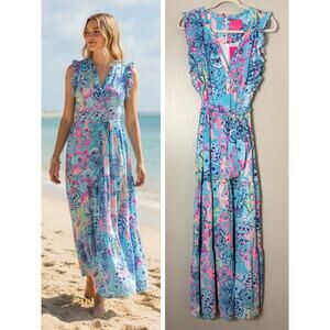 NWT LILLY PULITZER MAXI DRESS BLUE PINK DESTINI RUFFLE NAUTICAL TROPICAL BELTED